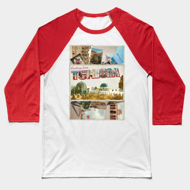 Greetings from Tunisia Vintage style retro souvenir Baseball T-Shirt by DesignerPropo